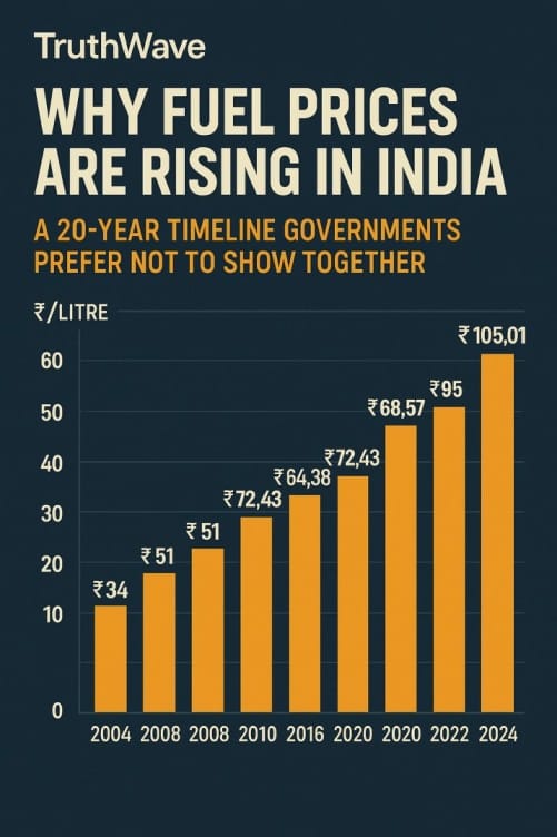 “TruthWave investigation graphic explaining why fuel prices are rising in India”