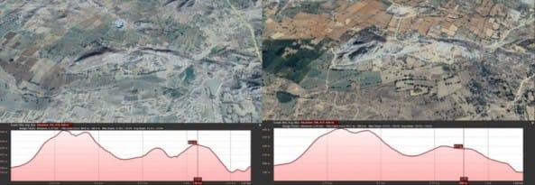 Satellite comparison of Aravalli region showing hills visible in earlier years but missing in recent imagery due to mining and land degradation in Rajasthan and Haryana
