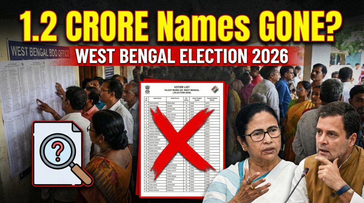 YouTube Thumbnail for West Bengal Election 2026. Text reads '1.2 CRORE Names GONE?' in yellow. Background shows anxious voters checking the electoral roll on a wall, overlaid with a red cross mark and a magnifying glass icon.