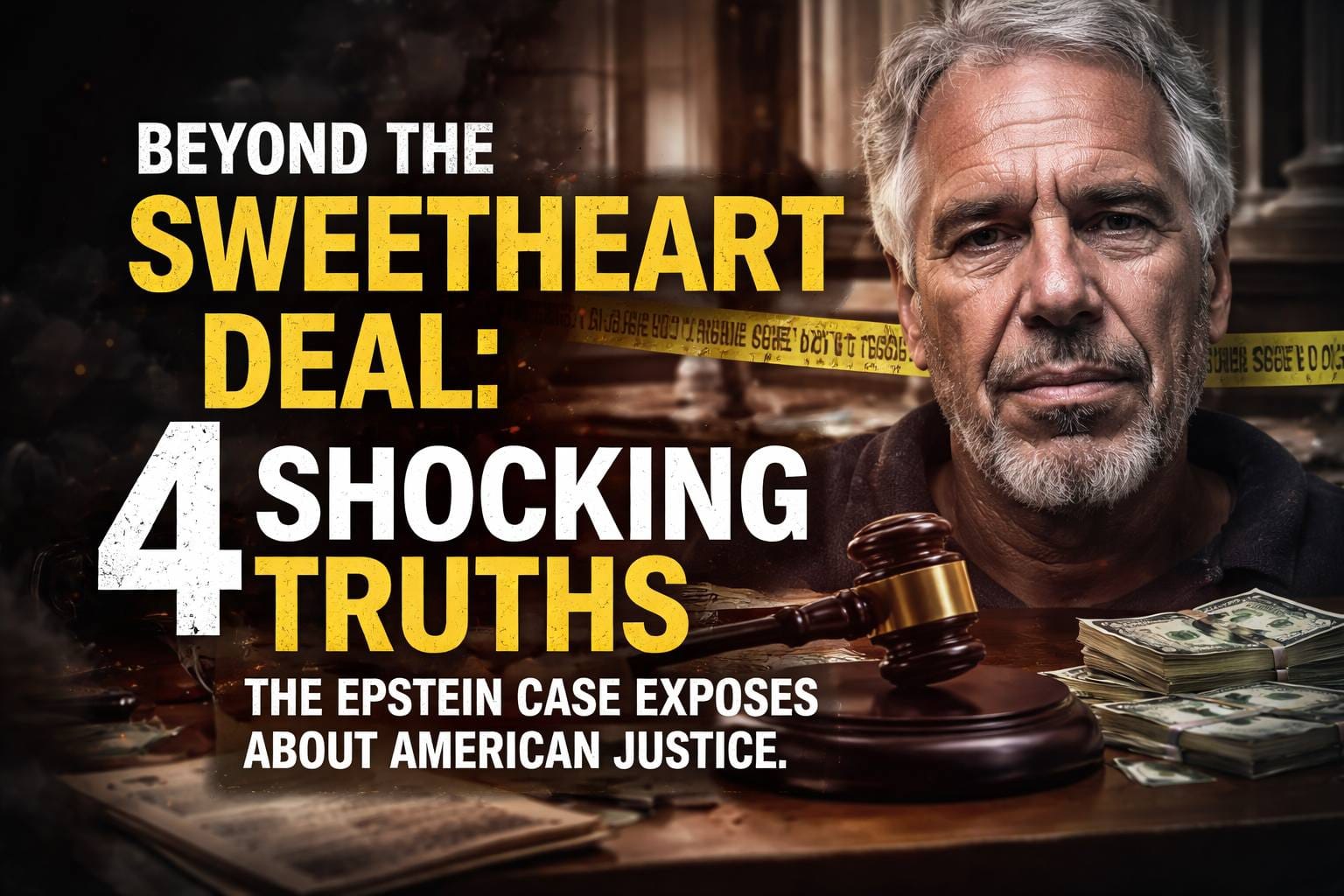 Jeffrey Epstein case two-tiered justice system comparison showing a golden gavel in a luxury hotel suite versus a rusted gavel in a prison cell.