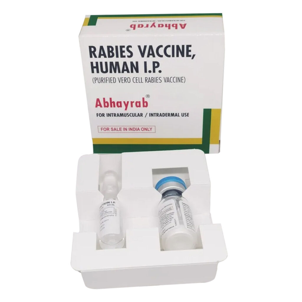 Abhayrab human rabies vaccine kit, shown for identification in coverage of a regulator warning about a potentially counterfeit batch