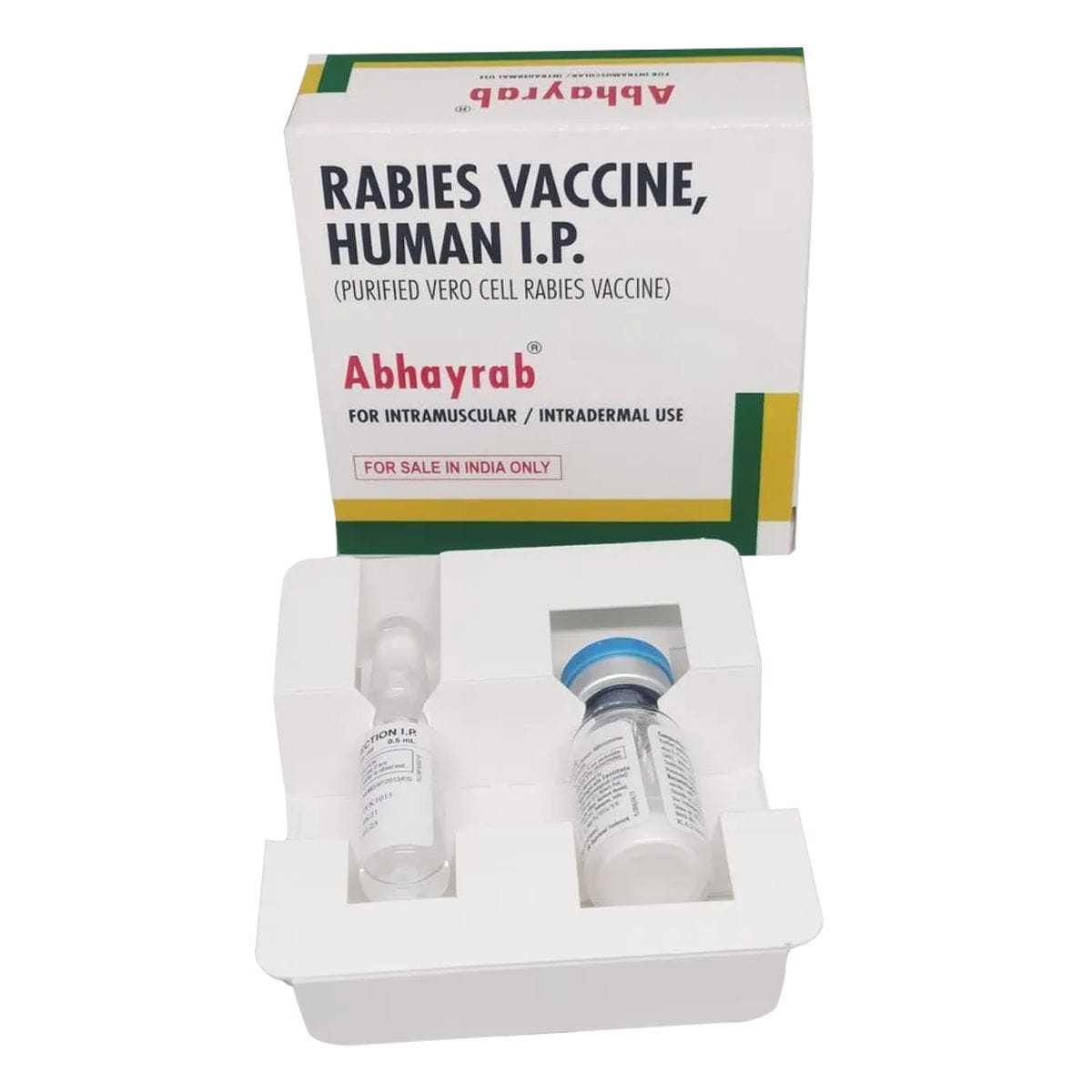 Abhayrab human rabies vaccine kit, shown for identification in coverage of a regulator warning about a potentially counterfeit batch