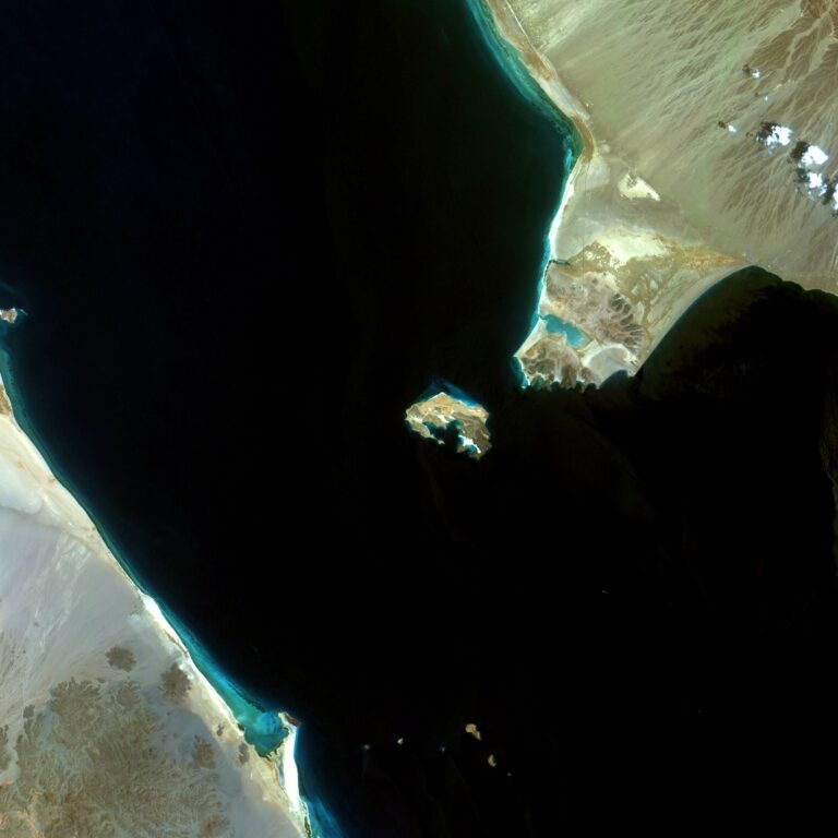 Satellite view of the Bab el-Mandeb Strait between Yemen and the Horn of Africa