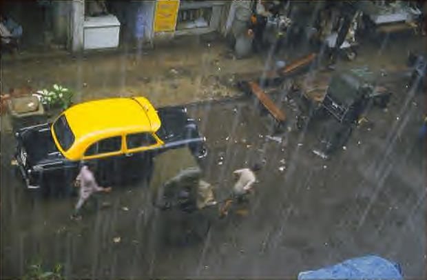 Rain falling on streets of Kolkata, West Bengal
